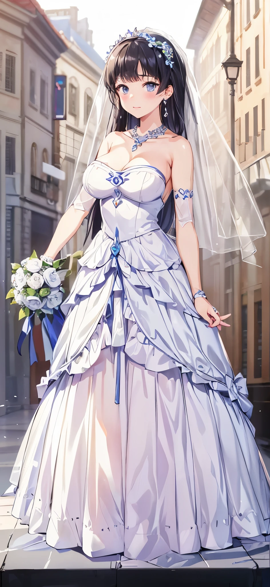 (((Pixel perfect, Perfect details))), alone, 1 girl, Ye Yuelian, looking at the audience, Keep your mouth shut,Best quality), large breasts, delicate face, detailed eyes,Gurwitz,pillory,Head flail,hand flail,flail,(bridal veil:1.5),(short sheer veil:1.5),Blushing face,Head flower,headgear,(Tube top armor long skirt:1.5),pure white dress,necklace,earringangs,lipstick, standing
