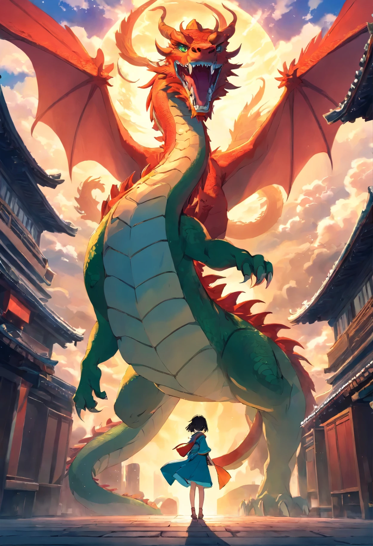 (guiguai),A little woman stands in front of a strong dragon,view the viewer,Dragon,wing,Green lanterns,Silhouette,(Mongolian-style architecture:1.2),translucent soul,Army,waterfallr,Skeleton,Cloud,teeth,Cloudy sky,Transparent,luminous,Red theme,Dragon,atmospheric reentry,