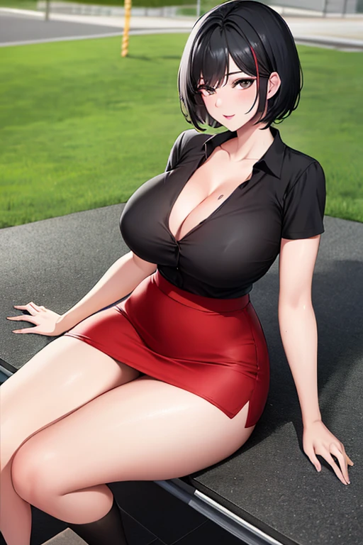 (8k, RAW photo, best quality, masterpiece:1.2),1girl,solo,short hair,black hair,black shirt,,red skirt,pencil skirt,breasts,cleavage,looking at viewer, outdoors,school,