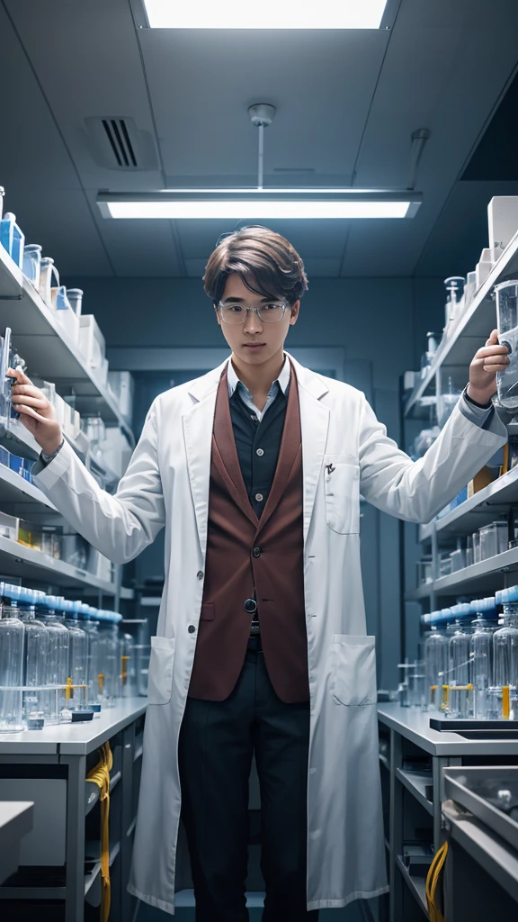 person wearing a scientist's lab coat、solo、There are researchers、there are scientists、graduate School、upper body、highest quality、masterpiece、Super high resolution、(photoreal:1.4)、game poster
