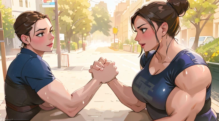 there are two people that are arm wrestling in the street, arm wrestling, muscled mila kunis, beautiful realistic photo, muscular sweat lara croft, super realistic photo, really realistic, very realistic, looks realistic, in a fighting pose, fight pose, very realistic digital art, posing for a fight intricate, photorealistic disney, hyper realistic photo, ultra realistic picture