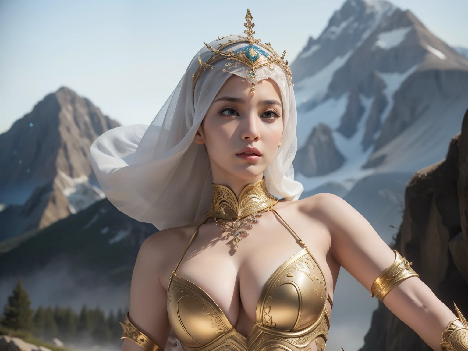 fullbody shoot, model shoot, (1 woman 40 years old), Islamic warrior, hyper realistic, super detailed, Dynamic shot, masterpiece, scene sharp details, perfect eyes, perfect anatomy, perfect face, perfect hands, fierce leader, battle field, headpiece, gorgeus face, looking at viewer, mountain background, hijab, cleavage, small breasts, 