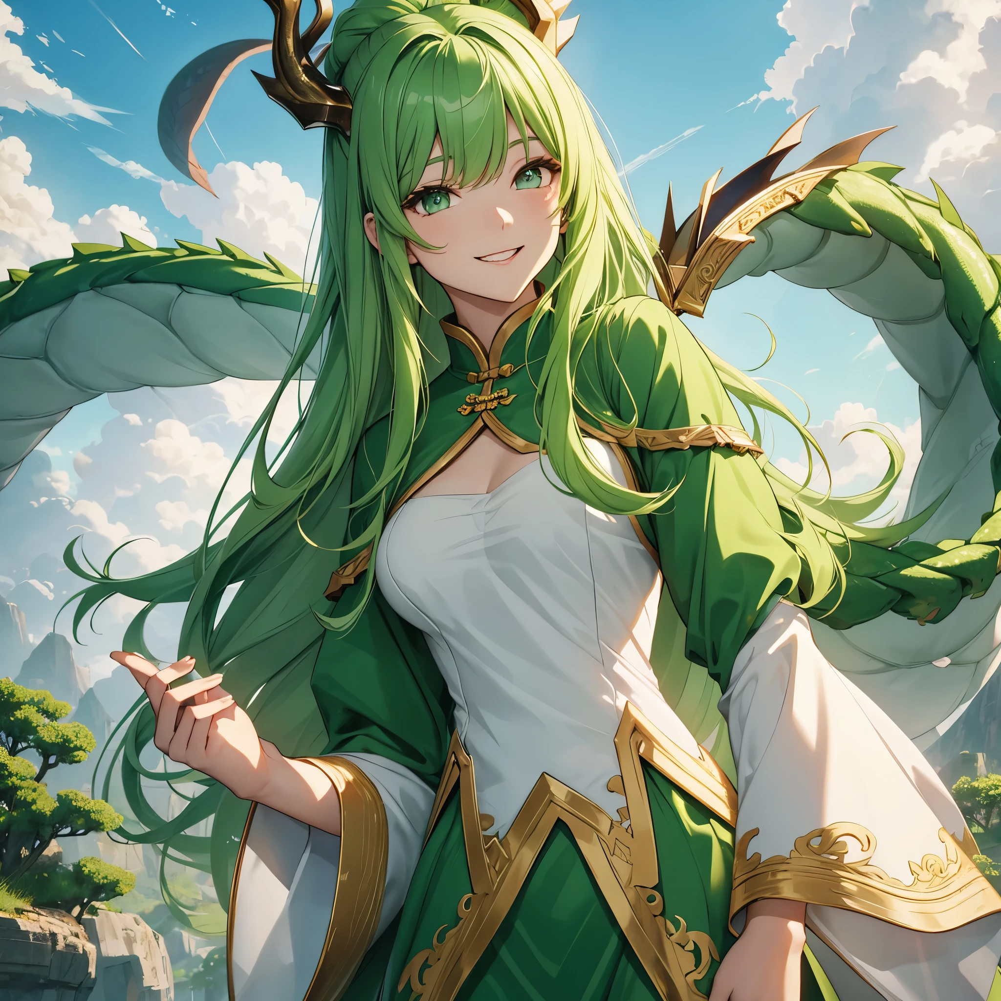 (High definition)20th generation women、green hair、long hair、green eyes、dragon horn、Dragon's Tail、golden hair ornament、White china clothes、jump、Smile、Chinese clouds in the background