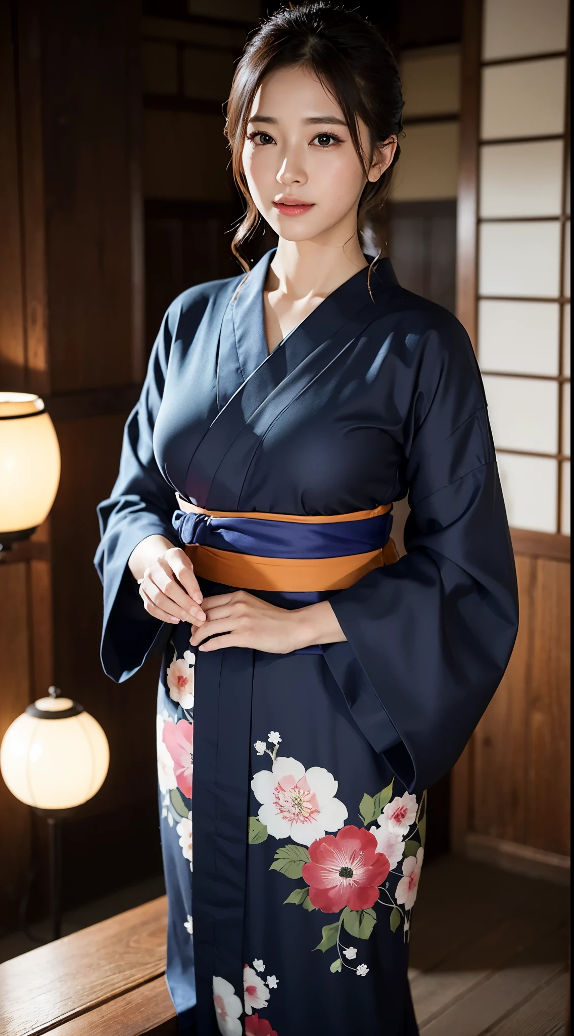 face  :9,4148934626], Bewitching beautiful mature woman、40 years、stature　154cm、well-proportioned figure、The figure of the hourglass、Japan in a yukata、Yukata at Japan Ryokan、Shoulder out、鎖骨、model in Japan、Japan sexy woman, Gorgeous Japan Woman, goddess of Japan, A smile、Raw photo, (in 8K、top-quality、​masterpiece:1.2)、(intricate detailes:1.4)、(Photorealsitic:1.4)、octane renderings、Complex 3D rendering ultra detail, studio lights, Rim Lights, vibrant detail, super detailing, realistic skin textures, Detail Face, Beautiful detail eyes, Very detailed CG Unity 16k wallpaper, make - up, (detailedbackground:1.2),　shinny skin、