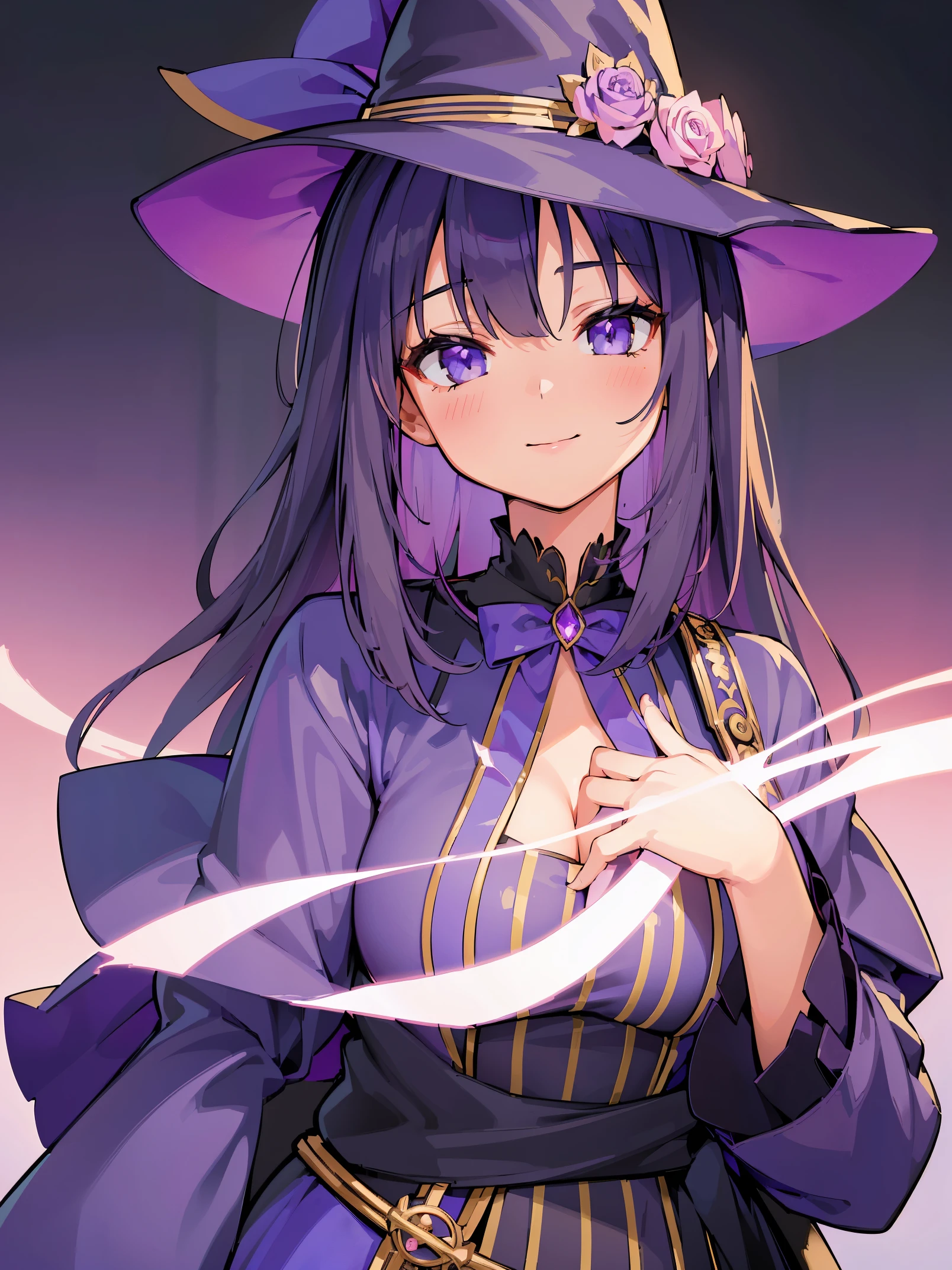 (8K, Live shooting, best quality, muste piece: 1.2), High-definition RAW color photo, professional photography, cinematic light, ((1 female)), solo, Big breasted girl in a purple hat and purple dress、きれいなmagician、美しいmagician、美しいmagician、Playful anime witch casting a spell、美しいmagician、cheerful witch、magician、beautiful enchanting girl、purple roses on the background、white background, bust up portrait, beautiful cowboy witch、beautiful and attractive anime girl、(realistic、フォトrealistic、フォトrealistic:1.37)An illustration、Bright colors、sharp focus、enchanting lighting