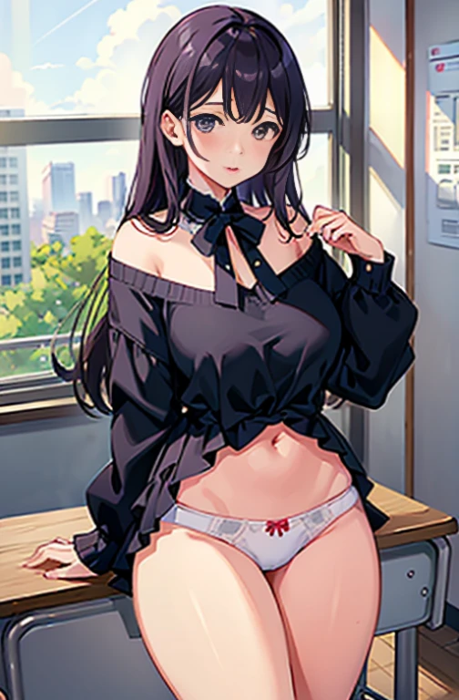 small panties、classroom、embarrassing、小さなunderwear、(thighs thighs thighs:1.5)、underwear、huge tit、big and full breasts、open your legs、Open legend forward、