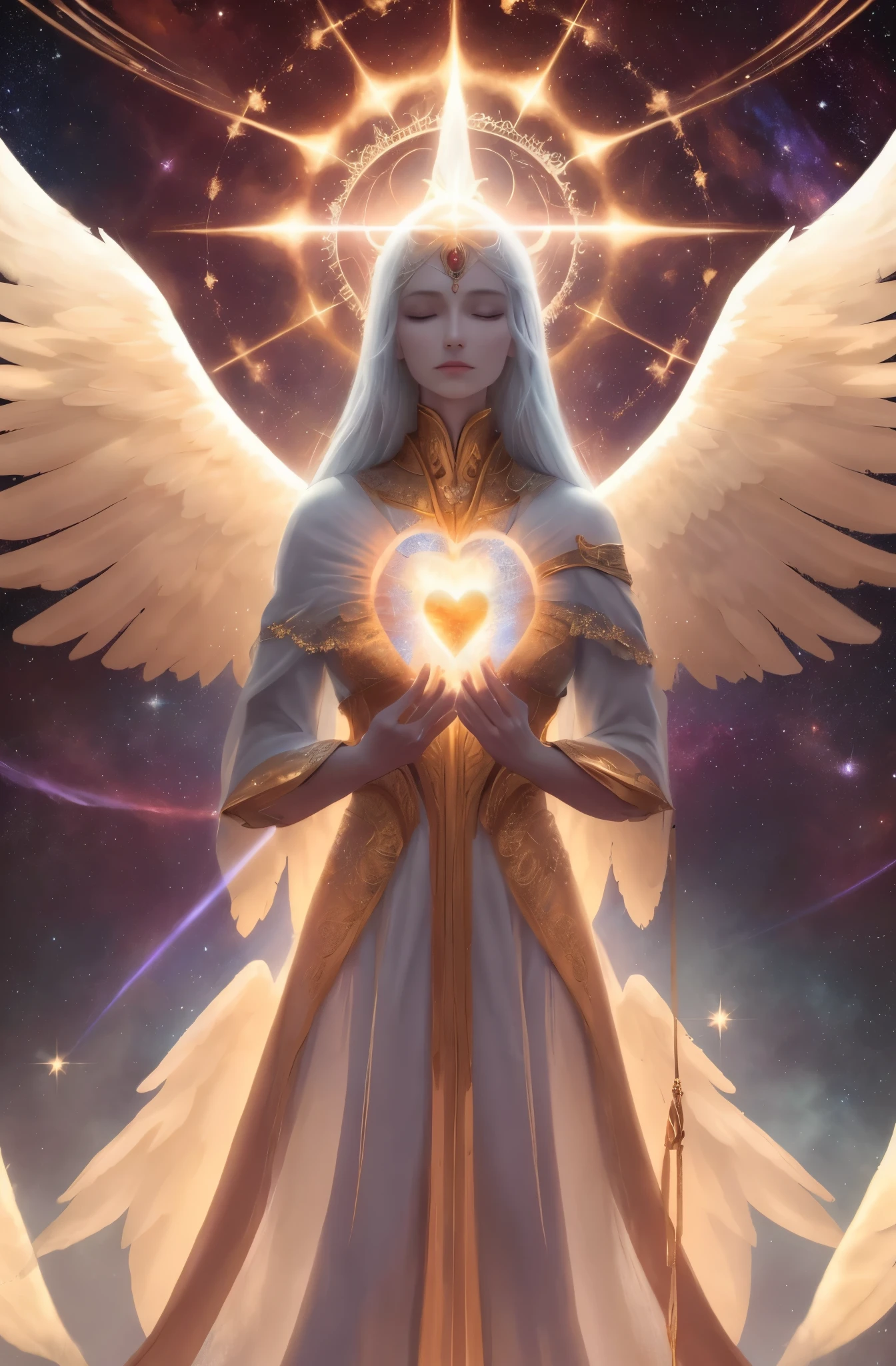 White-haired woman holding a heart in her hand, open your eyes, A beautiful angel-like being, Elf angel meditating in space, goddess of light, etheric angelic light beings, goddess of heaven, blue angelic light, angel of dawn light, majestic full body angel, expensive, angelic female angel, Portrait of the Queen of Light, beautiful angel,  archangel