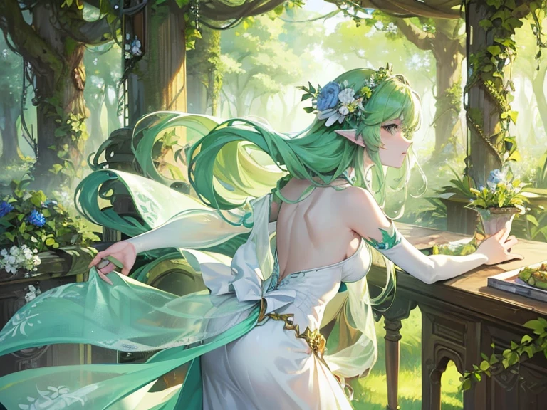 A lady in a garden,referring to a table,striding forward at the edge with the posterior, accompanied by tree nymphs, and a mystical, ethereal appearance. Exquisite, with pale skin, vibrant long flowing green hair adorned with leaves and blossoms. Enchanting eyes emit a radiant forest-colored reflection. Elegant and naturally beautiful, she seamlessly blends with the surroundings, portraying a slender and graceful figure. (masterpiece:1.2), (best quality:1.3).