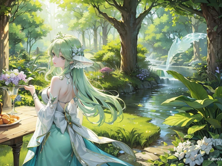 1 lady, Reference table, (fantasy character sheet, front, Back, side, rear) tree nymph, Ethereal and enchanting appearance. Beautifully, Pale complexion, Vibrant green long flowing hair, Decorated with leaves and flowers. Charming eyes radiate the reflective light of forest colors. Elegant and natural beauty, Slim and light shape blends seamlessly with nature. (masterpiece:1.2), (best quality:1.3).