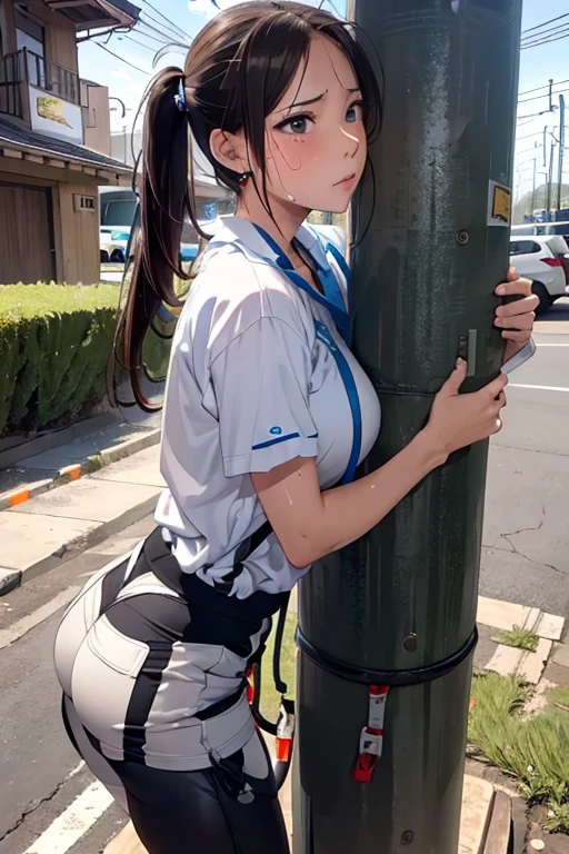 (8K), (best quality), (muste piece: 1.2)　　climbing a telephone pole　((sweaty)) Cute female electrician　（painful expression）