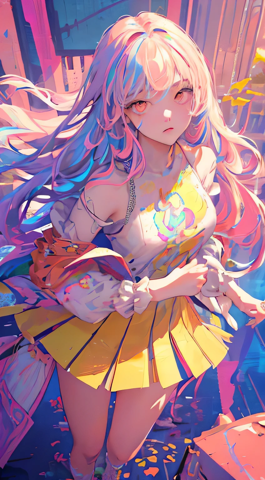 (masterpiece), (best quality), (Super detailed),(disheveled hair),(illustration), (1 girl), (fashion clothing), permanent,fashion model,looking at the audience, (interview), ( background),Beautiful and delicate eyes,Exquisite and beautiful face,floating,(high saturation),(Colorful splash),Colorful bubbles,(shining),focus on face,