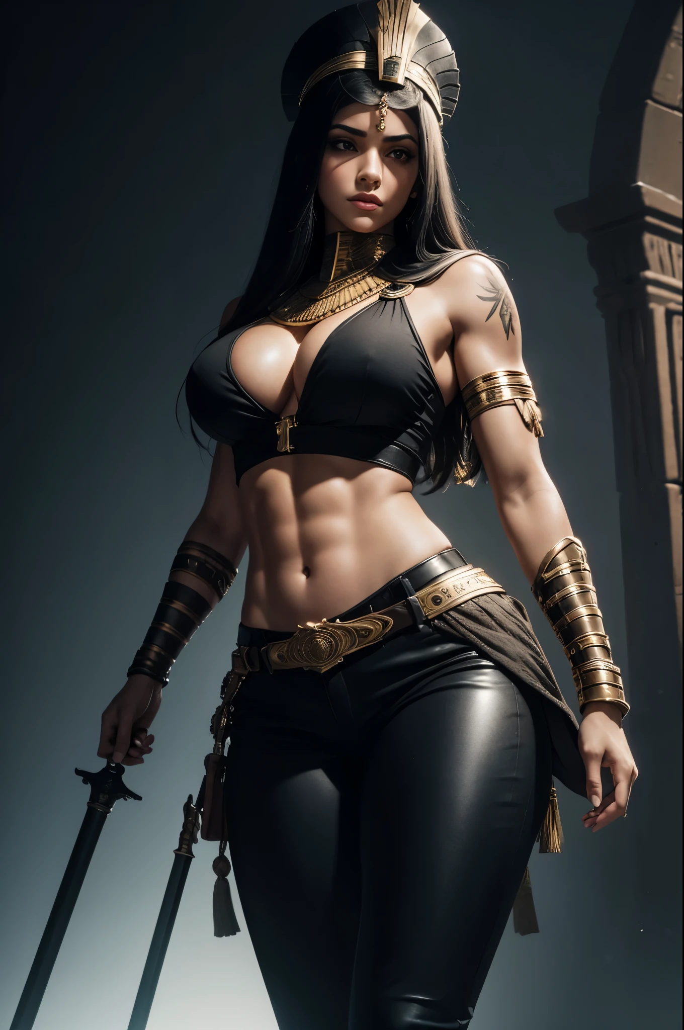 8K,Egyptian female warrior with very big breasts,Super beautiful(like the real thing),black very large chest armor,realistic skin,luxury black pants,Has a large, long black spear,red and white tattoos all over the body(most),sexy,muscular slim body,ripped abs,black shoulder armor,black waist armor,black leg armor,desert, rich colors, Backlight, cinematic lighting, film grain, RAW, 50mm lens,nikon D850,ultra high resolution,Super realistic,Egyptian goddess,