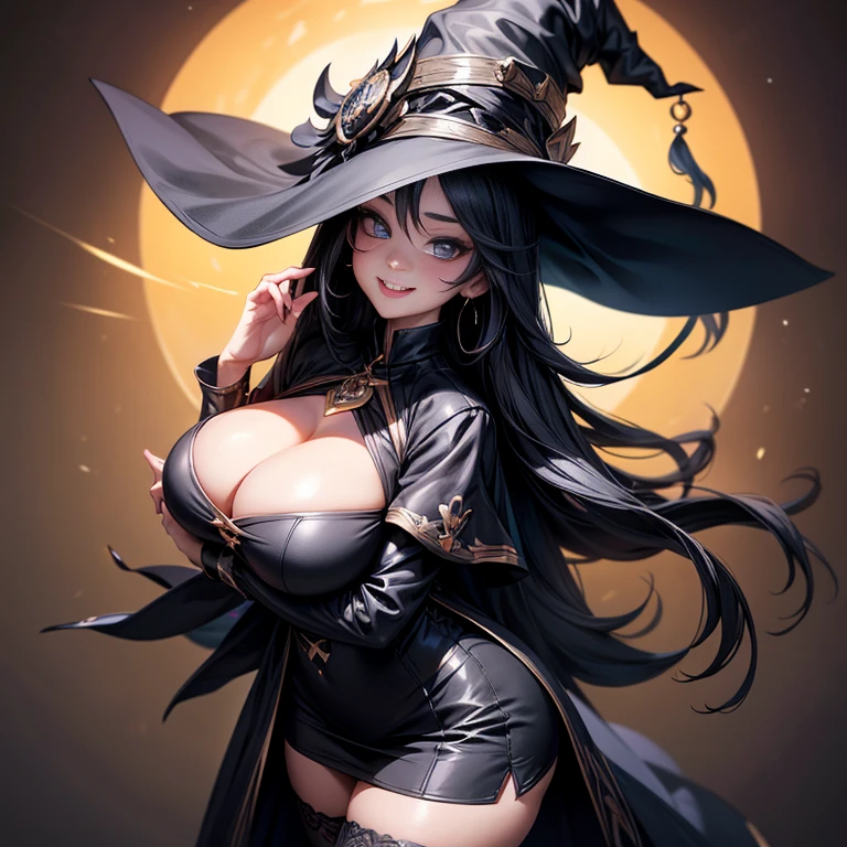 Art Station, Volumetric lighting, Highly detailed face, 4K, 1girl as witch,(official clothing: 1.4),Beautiful breasts,Looking at the camera,big eye,Laughing,Raise cheeks,black witch hat, light black clothes, shortstackbt,Clothes with open chest,stockings,