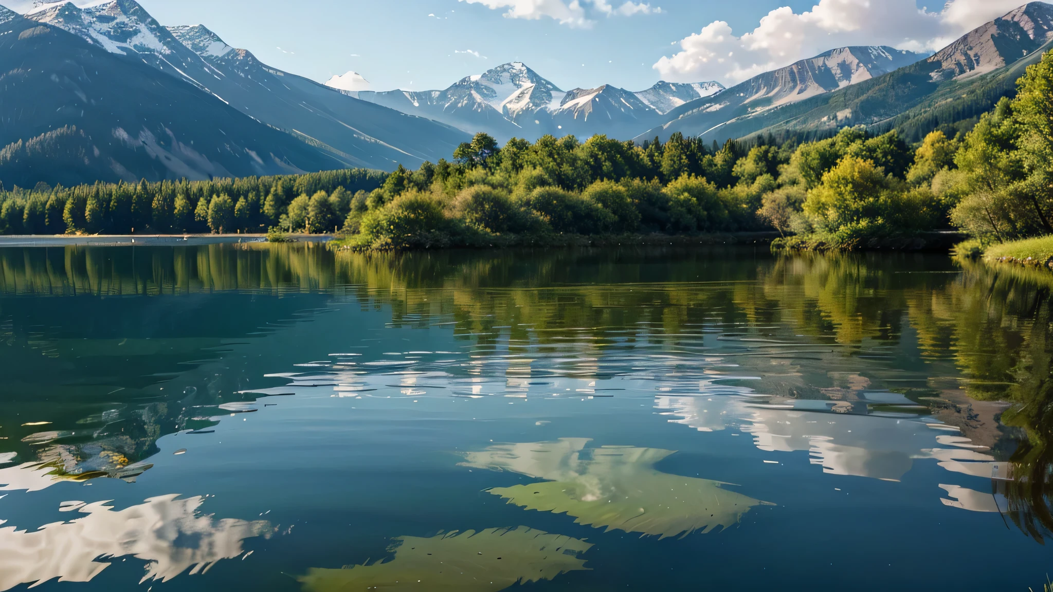 Mountains are reflected in the water of a lake with trees - SeaArt AI