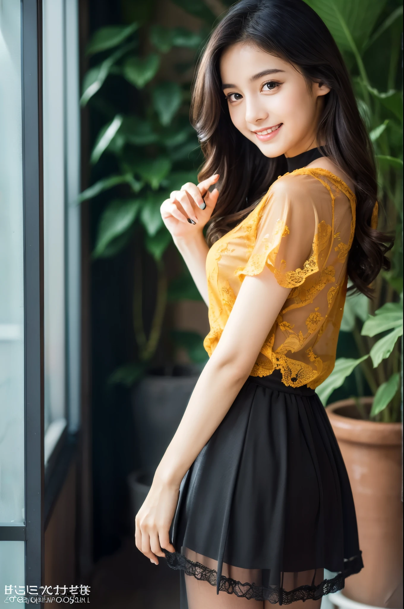 Ulzan-6500-v1.1, (Raw photo:1.2), (photorealistic), beautiful detailed girl, (See-through:1.3),  (pussy real: 1.4), very detailedな目と顔, beautiful detailed eyes,  (Strapless blouse, Black lace skirt, super realistic pantyhose:1.2, black choker)、 (very affectionate smile:1.2)、huge file size, High resolution, very detailed, highest quality, [masterpiece:1.6], An illustration, very detailed, ticker, fine details, highest quality, 8k wallpaper, movie lighting, 1 girl, , perfect body shape, cute droopy eyes beautiful big eyes、Pieck finger, ((muste piece)), best quality, 1 girl, eye shadow, upper body whole body, People photography, ((full body shot:1.3))、