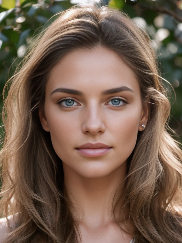 Generate a portrait photo of a beautiful 30 y.o. brown wavy long haired female that achieves undoubted photorealism, rule of thirds, realistic perfect face,The tanned skin have a complex texture map that includes pores, moles, fine lines, and slight variations in pigmentation, with a multiscale roughness map to simulate varying levels of shininess and matte across the face. Implement advanced subsurface scattering techniques to emulate the semi-translucent property of skin with irregular diffusion, especially around the nose and ears. Render the hair with a physics-based simulation that reflects the natural grouping and adhesion of strands, varying in transparency and glossiness. The blue eyes have a deep-set look, with a multi-layered iris texture that includes fine fibrous details and an irregular, non-uniform catchlight reflecting a realistic light environment. Include micro-veins in the sclera with subtle color gradients to mimic the natural variance in human eyes. Ensure facial symmetry is not absolute, introducing micro-variations in the position and scale of features to reflect the natural asymmetry of a real human face. The lips have a detailed texture map that defines dry versus moist areas,causing light to scatter differently across them.Employ a dynamic range lighting setup that casts defined but soft-edged shadows to sculpt the facial features, using a combination of a strong key light and a softer fill light to create a realistic interplay of light and shadow. Include ambient occlusion particularly in areas where the hair casts a shadow on the forehead, and where the neck meets the jaw. The final render should incorporate environmental lighting effects, reflecting subtle colors from the surroundings onto the skin, and should be free from any noise or rendering artifacts. Capture this with the precision of a full-frame sensor camera, through an 85mm prime lens set at f/2.0 for a shallow depth of field,rendering a softly blurred background