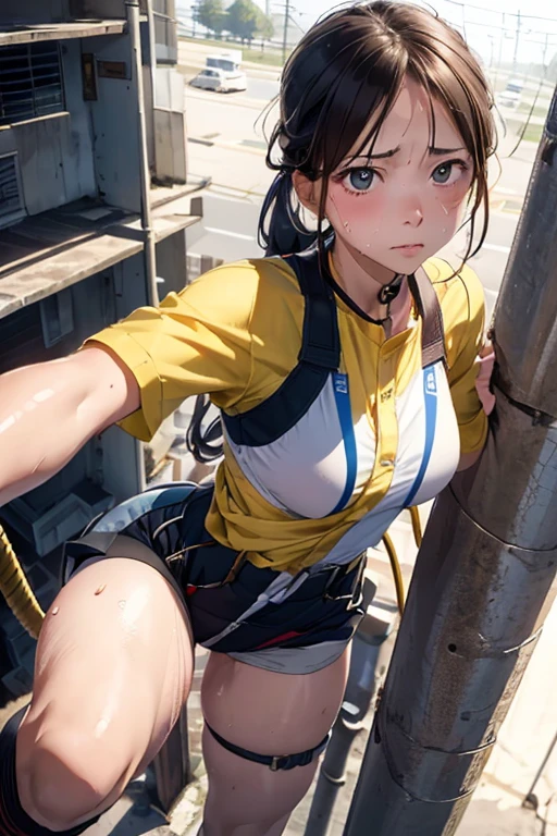 (8K), (best quality), (muste piece: 1.2)　　climbing a telephone pole　((sweaty)) Cute female electrician　（painful expression）((look down from a high place))
