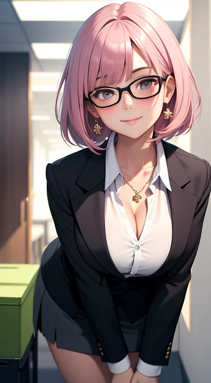(Best quality:1.1), (Masterpiece:1.2), Highqualityshadow, Beautiful detailed, Beautiful face, Detailed eyes, Off-the-shoulder attire,Depth of field, A high resolution, Best shadow, Best illumination, 1girll, view the viewer, (A pink-haired:1.3),Brush cut,extra very short hair, Blunt bangs, Long hair, Black eyes, Shy, Large , Miniskirt, blouse, Blazer, Pump, Office Lady, Glasses,cleavaginto camera,ssmile,closeup cleavage,Supers