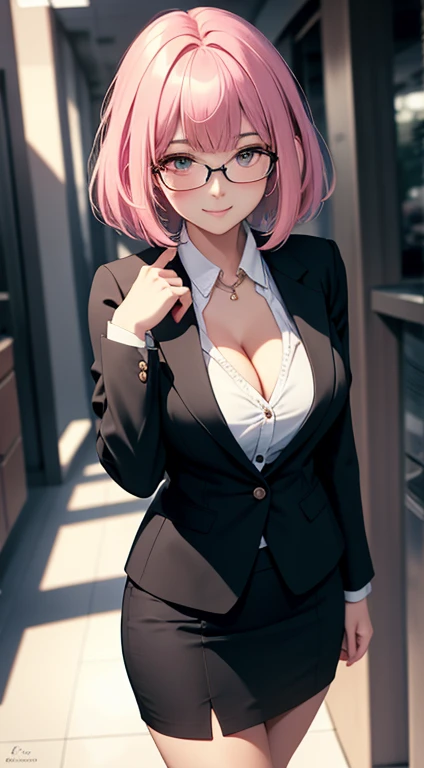 (Best quality:1.1), (Masterpiece:1.2), Highqualityshadow, Beautiful detailed, Beautiful face, Detailed eyes, Off-the-shoulder attire，Depth of field, A high resolution, Best shadow, Best illumination, 1girll, view the viewer, （A pink-haired:1.3)，Brush cut，extra very short hair, Blunt bangs, Long hair, Black eyes, Shy, Large breasts, Miniskirt, blouse, Blazer, Pump, Office Lady, Glasses,cleavage，looks into camera，ssmile，closeup cleavage，Superskirt