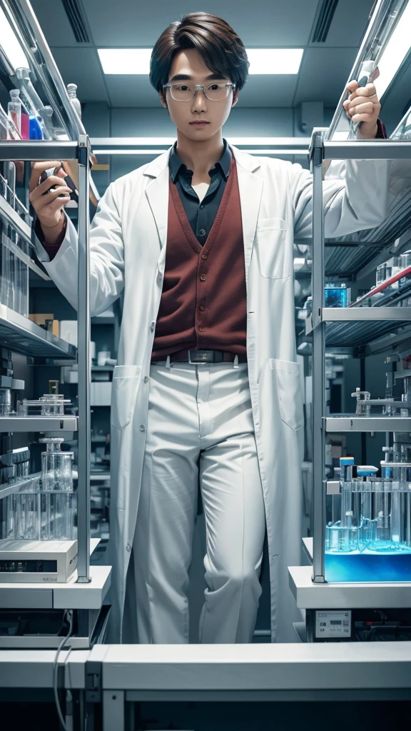 person wearing a scientist's lab coat、solo、There are researchers、there are scientists、graduate School、upper body、highest quality、masterpiece、Super high resolution、(photoreal:1.4)、game poster