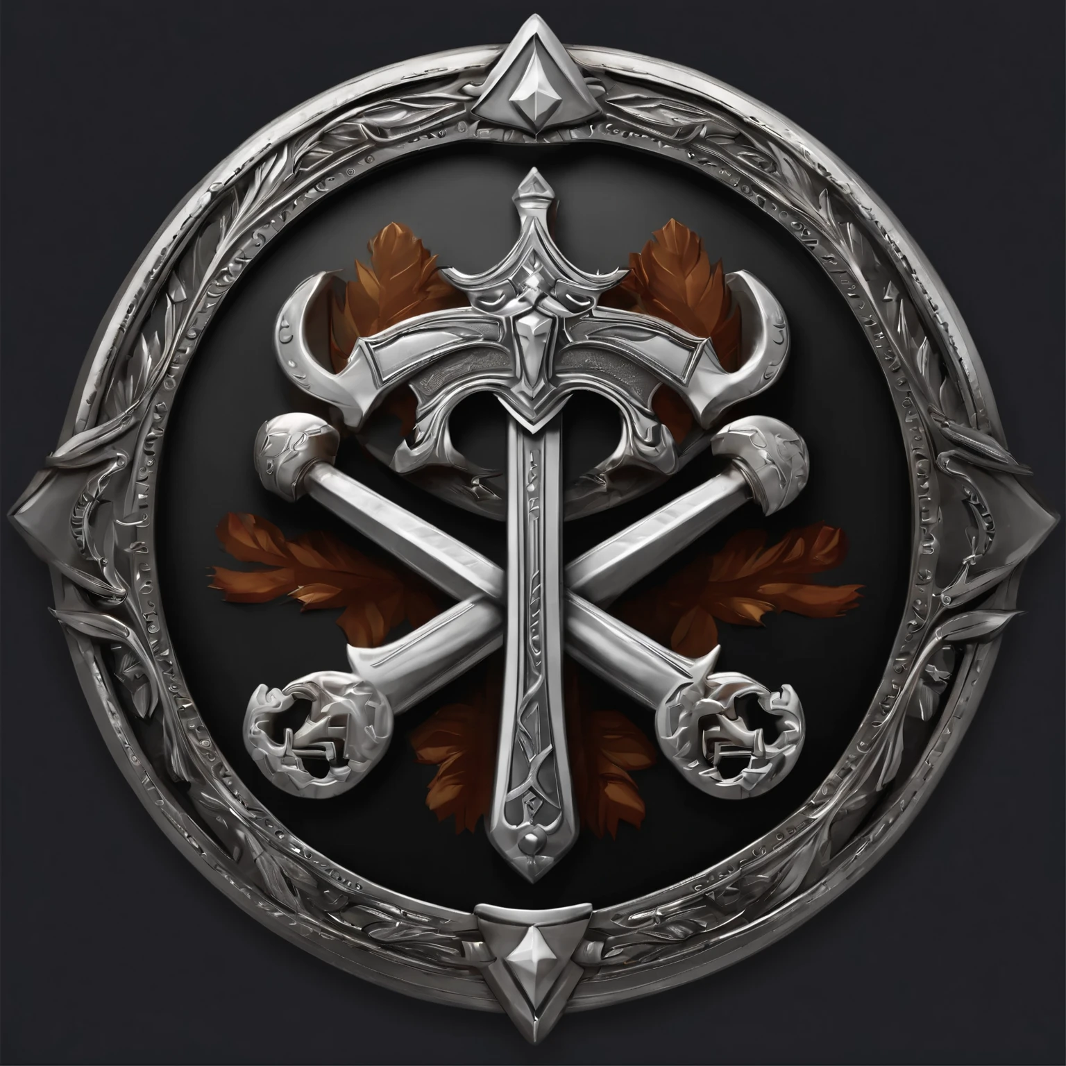 （Game achievement badge design），silver medal，Flat 2D effect，Wheat ears，(There  a sword in the center of the medal、There  an icon at the intersection of a hammer and a wrench)、sword and sorcery