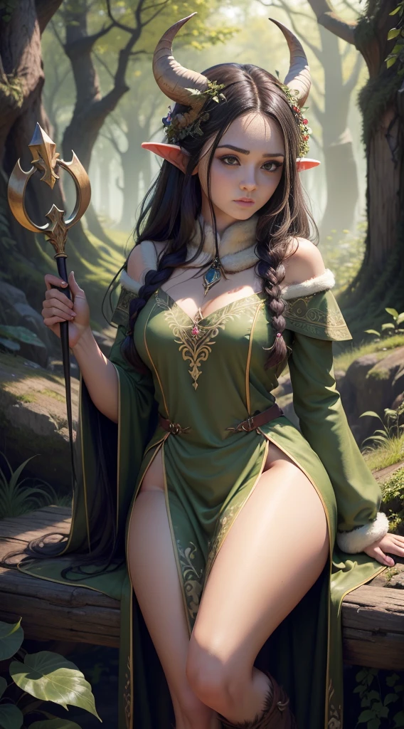 Woman, perfect face, detailed face, handsome, masculine, perfect eyes, detailed eyes, leaf clothes, nature clothes, druid clothes, medieval clothes, satyr, faun, druid, long hair, dark hair, goatlike legs, goatlike feet, goatlike horns, goatlike ears, male, forest, nature, young, magic, druid, animals, detailed, perfect quality, magical, masterpiece, detailed, magician, fantasy, fairy, magic cane, fur legs, fur pants INFO