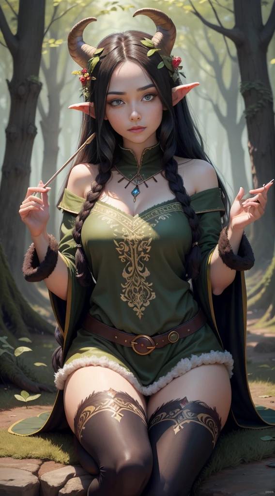 A forest druid, 1 girl, brown hair, medieval fantasy, D&d, RPG, ultra realistic, ultra detailed, best quality, 8k, wallpaper, sitting, front, open legs, short skirt, green skirt, tiny panties, tight panties, white panties, panty view, upskirt, cameltoe, pantyshot, RAW,