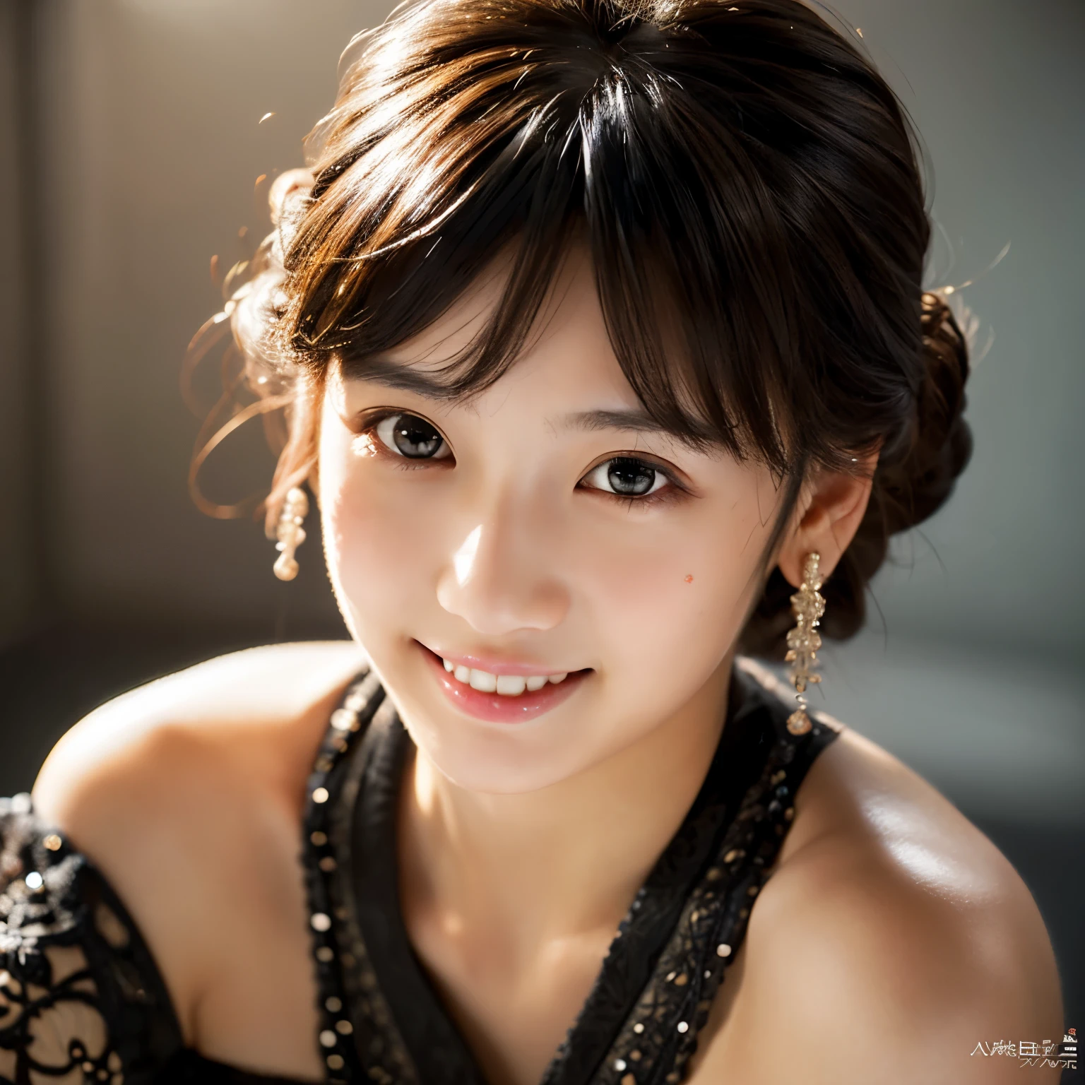 (realistic:1.3), rembrandt lighting, (masterpiece:1.2), (photorealistic:1.2), (highest quality), (fine skin:1.3), (intricate details), ray tracing,1 girl, japanese girl, 21 years old, fine skin texture, (blush:0.5), Scattered beneath the surface, smile, updo hair, bangs, hair between eyes, hair ornaments, AV gravure cute