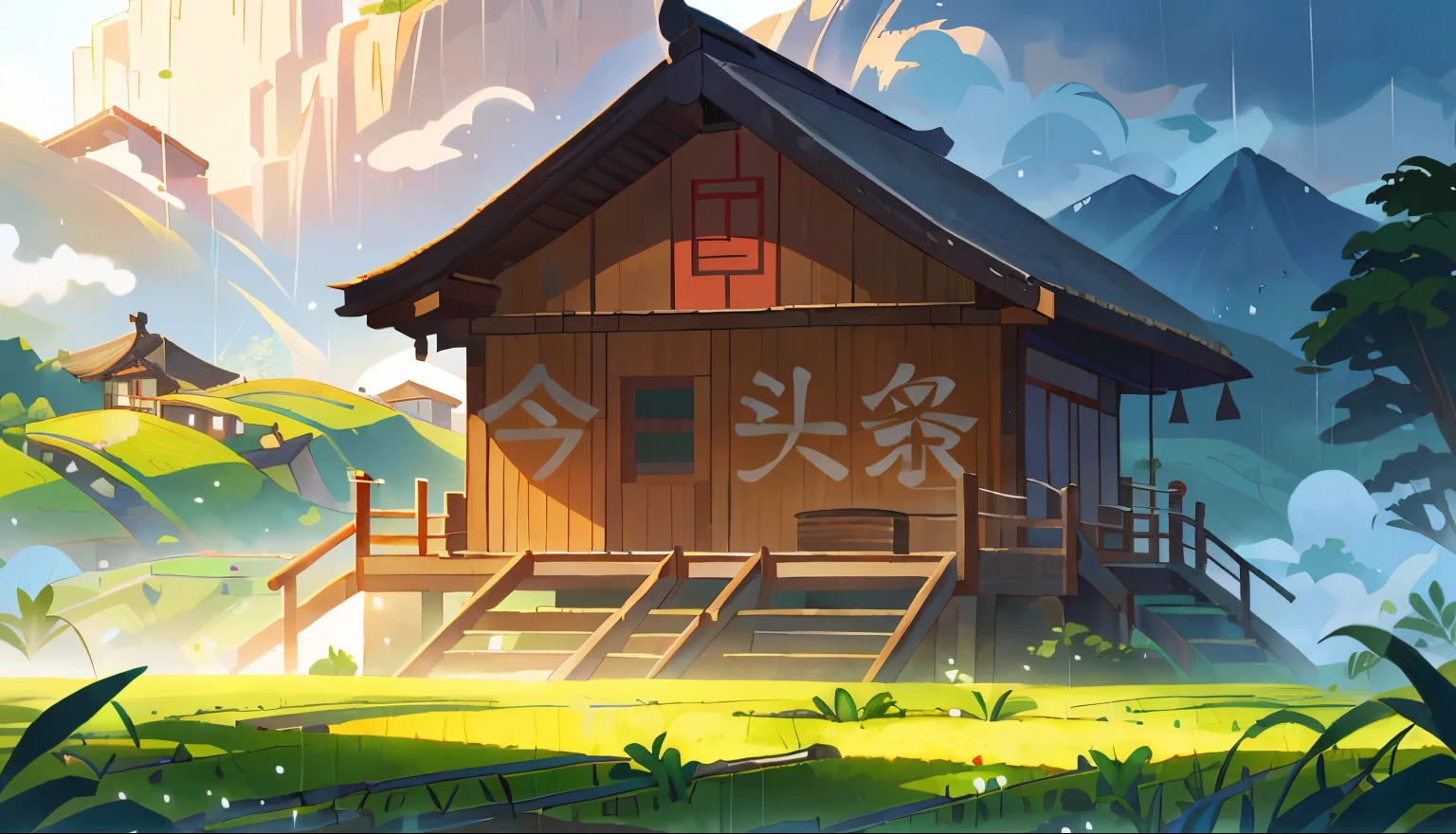 of terraces, Mountain, hut, with paddy, paddy, Neat rice seedlings in the field, misty rain, village, agriculture, in peaceful scenery, misty weather, in vast tranquil landscapes, early morning, in the morning mist, 在一个小village后面, mist, Japan countryside, thatched roof--v 6