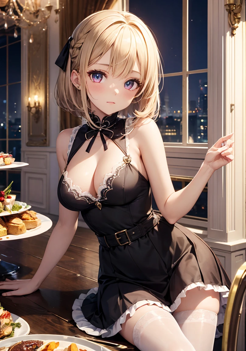 masterpiece, absurdres, best quality, ultra detailed, high Resolution, detailed illustration, extremely beautiful detailed face and eyes, bright colour, 1girl, (loli), cute face, Delicate beautiful face, magenta eyes, cute eyes, sparkling eyes, big eyes, medium breasts, (perky breasts:1.1), (pointy breasts:1.1), medium hips, glamorous body, white skin, surprise, BREAK, long bob cut, (blonde hair:0.8), messy hair, detailed hair, shiny hair, BREAK casual dress, tiny ribbon, buffet party, fine dining restaurant,  Night, real world, natural lights, perfect lighting,