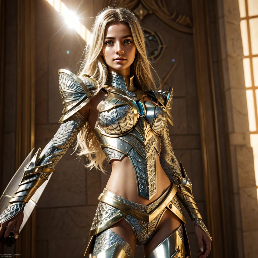 Knight of the Zodiac Aiolia de Leo, caveleira de ouro com capa branca, ataque na velocidade da luz, Saint Seya, (STYLE OCTANE RENDER!!!), (textura DIAMANTE REALISTA), CABELO REALISTA!!! (DIAMANTE BRILHANTE), (textura realista:2.0), (HDR:1.2), (4K), BLOND HAIR LONG, tiro de corpo inteiro!!!, camera low, TRAJE super detalhada ( ARMADURA), (GODDESS ARMOR!!!!),(FAIRY ARMOR!) traje com pedras preciosas, ombreiras largas, nordic woman!, rosto angelical, symmetrical face, seduzir, coxas musculosas definidas, SALA DO TRONO MAJESTADE, corpo inteiro, mostre as pernas de calcinha dourada brilhante relusente, olhos azuis sensuais, coxas BRANCA, pernas, boca vermelha, olhos pequenos, nariz fino, (Nordic ethnicity), pele branca, 22 year old girl skin clean, pele branca, skin clean, (OLHOS PERFEITOS!), hot girl, pele muito branca, albina, luzes piscando, sol (LENS FLARE!), (RAINBOW!)