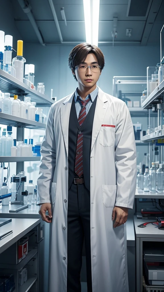 main character、person wearing a scientist's lab coat、solo、There are researchers、there are scientists、graduate School、upper body、highest quality、masterpiece、Super high resolution、(photoreal:1.4)、game poster