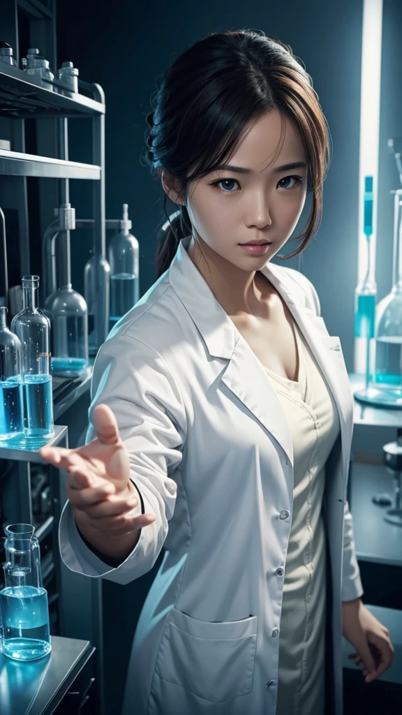 main character、person wearing a scientist's lab coat、solo、There are researchers、there are scientists、graduate School、upper body、highest quality、masterpiece、Super high resolution、(photoreal:1.4)、game poster