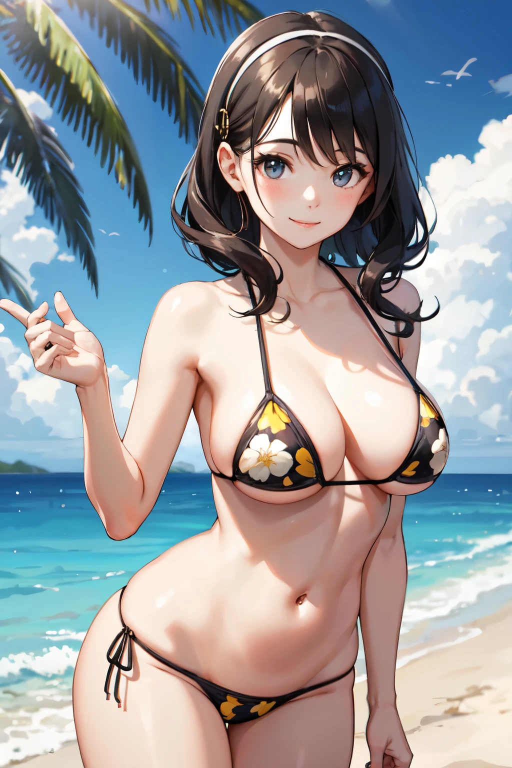 beautiful young woman，perfect body and beautiful big eyes, perfectly slim and thick body, short and wavy hair, hair band, micro bikini with delicate print, play on the beach, tropical island, Happy, smile gently, Open, That&#39;s a perfect face, mute tone, in the atmosphere, clean lines, Complex, Super detailed, realistic, 8K