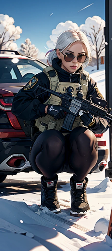 ((best quality)), (masterpiece), photorealistic, photorealism, 1girl full body, aiming with an assault rifle, another girl squatting behind, Combat pose, explosion background, Photorealistic, high resolution, Snow, car explosion background, (Detailed face), White hair, SWAT vests, Gun, jewelry, sunglasse, black gloves, Fingers are occluded