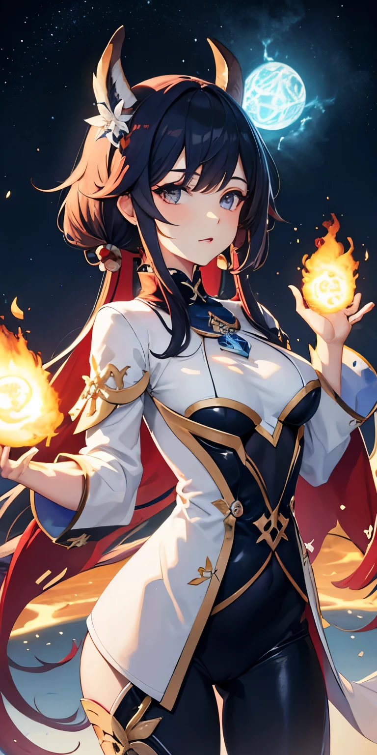 1 chica, ropa japonesa, cola de caballo ,pelo blanco, ojos morados, Magic Circle, fuego azul, llamas azules, fondo de pantalla, Paisaje, Sangre, Sangre splatter, profundidad de campo, Noche, light particles, rayos de luz, side lighting, muslos, Destino \(serie\), impacto genshin, ****, chaqueta abierta, falda, muslos, Nube