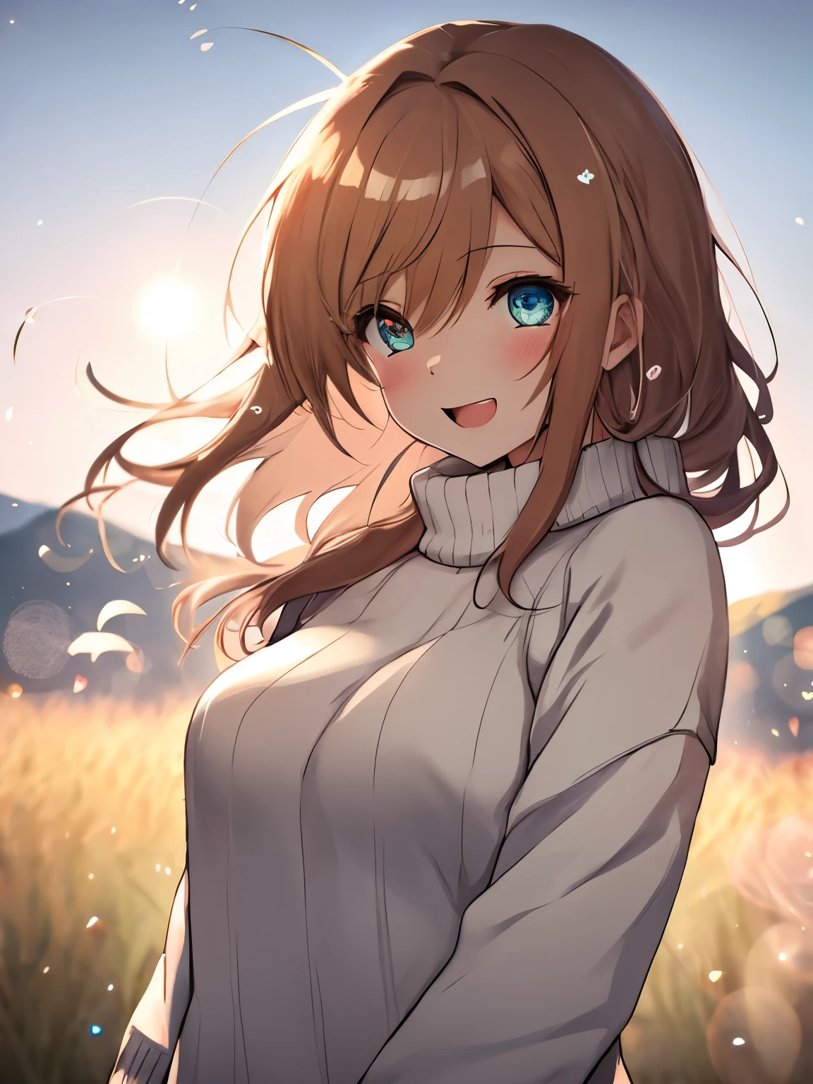 una mujer, cozy sweater in, parte superior del cuerpo, (enorme riendo:1.1), (boca abierta:1.1), (Ojos bien abiertos:1.2), resplandor del sol, bokeh, profundidad de campo, fondo borroso, light particles, Viento fuerte, (Heart particles:1.1)