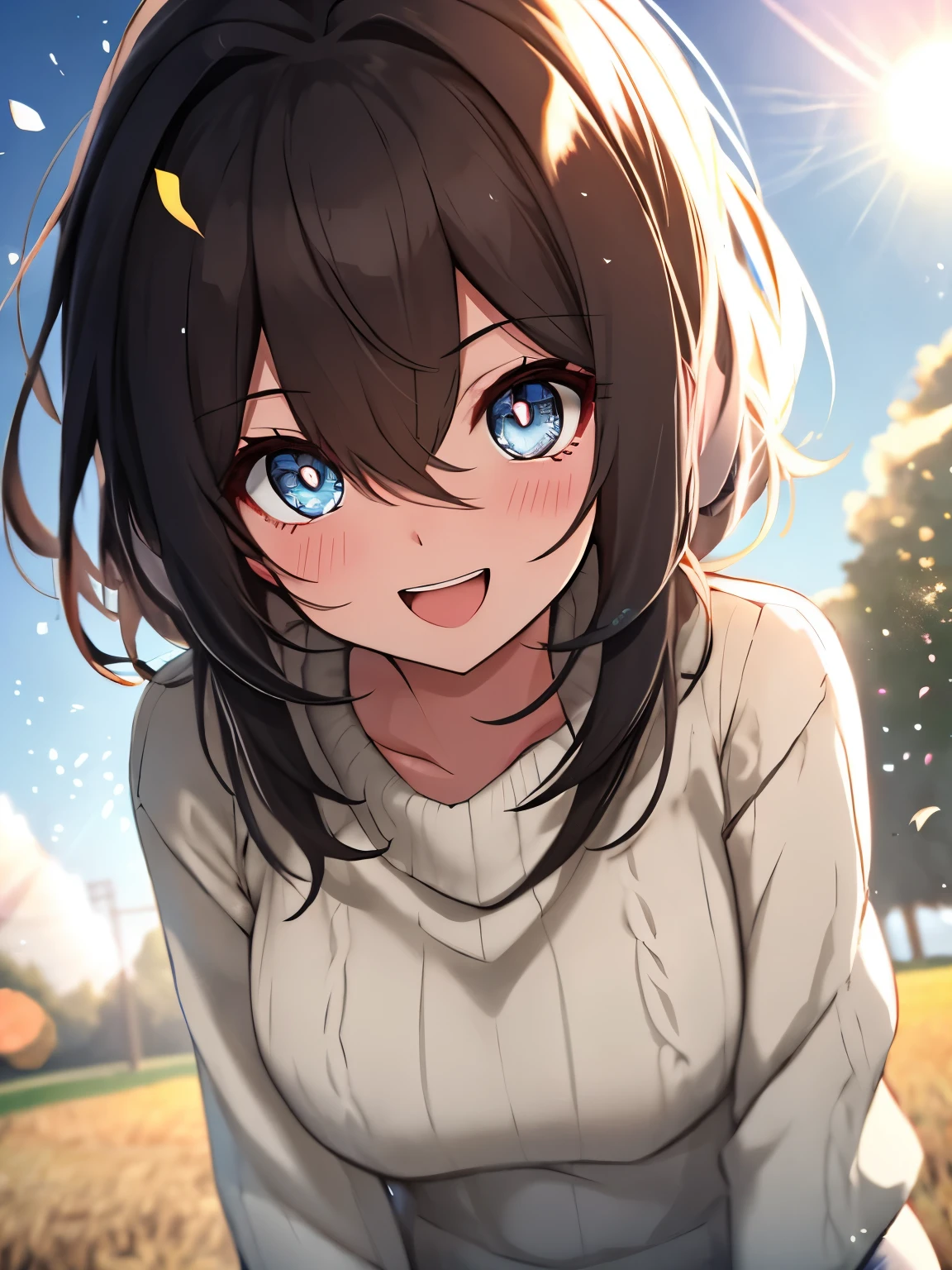 una mujer, cozy sweater in, parte superior del cuerpo, (enorme riendo:1.1), (boca abierta:1.1), (Ojos bien abiertos:1.2), resplandor del sol, bokeh, profundidad de campo, fondo borroso, light particles, Viento fuerte, (Heart particles:1.1)