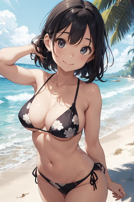 beautiful young woman，perfect body and beautiful big eyes, perfectly slim and thick body, short and wavy hair, hair band, micro bikini with delicate print, play on the beach, tropical island, Happy, smile gently, Open, That&#39;s a perfect face, mute tone, in the atmosphere, clean lines, Complex, Super detailed, realistic, 8K