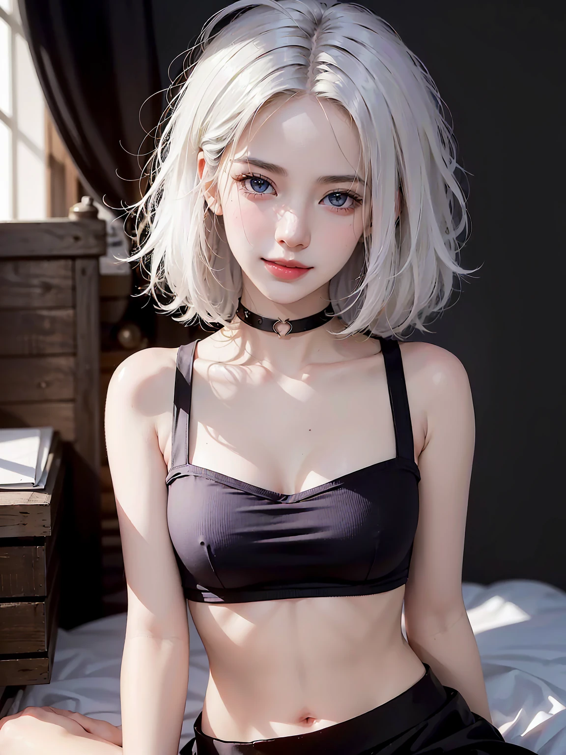 ((((masterpiece, best quality, high resolution)))), (1girl:1.5), ((short silky hair, white hair, purple eyes)), (medium breasts:1.2), blush, (cheeky smile, parted lips), glow, thighs, bare shoulders, collarbone, narrow waist, (slender body figure), (beautiful detailed face, beautiful detailed eyes), ((Black crop top, open waist, Black skirt)), looking at viewer, ((centered shot, from front,(face and waist)))