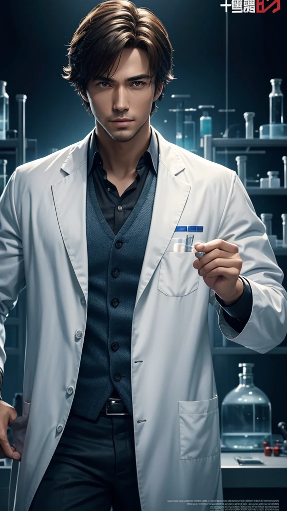 handsome protagonist、person wearing a scientist's lab coat、solo、There are researchers、there are scientists、graduate School、upper body、highest quality、masterpiece、Super high resolution、(photoreal:1.4)、game poster
