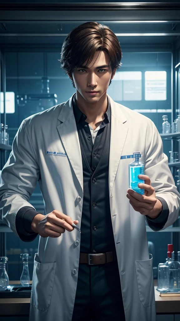 handsome protagonist、person wearing a scientist's lab coat、solo、There are researchers、there are scientists、graduate School、upper body、highest quality、masterpiece、Super high resolution、(photoreal:1.4)、game poster