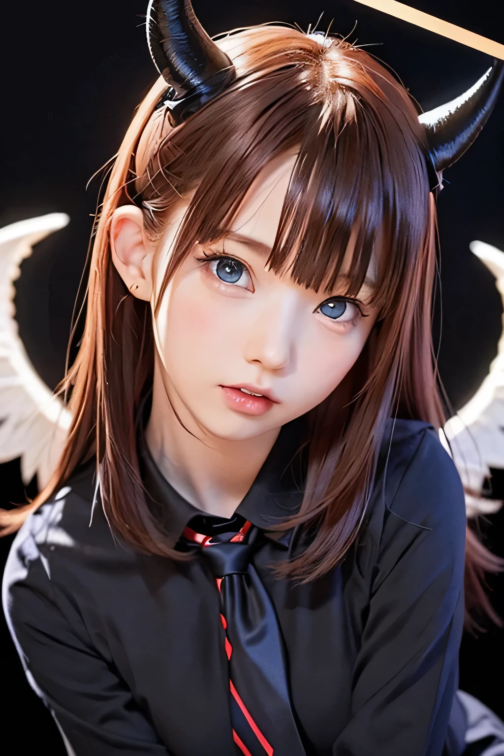 girl with blue eyes and long red hair, with devil wings, devil'horn. 1 girl、flat body、slim、cute、's face、 (background bokeh)、(glow:1.3)、(black geometric background:1.3)、(head shot)、((school uniform and tie))、change、cool face