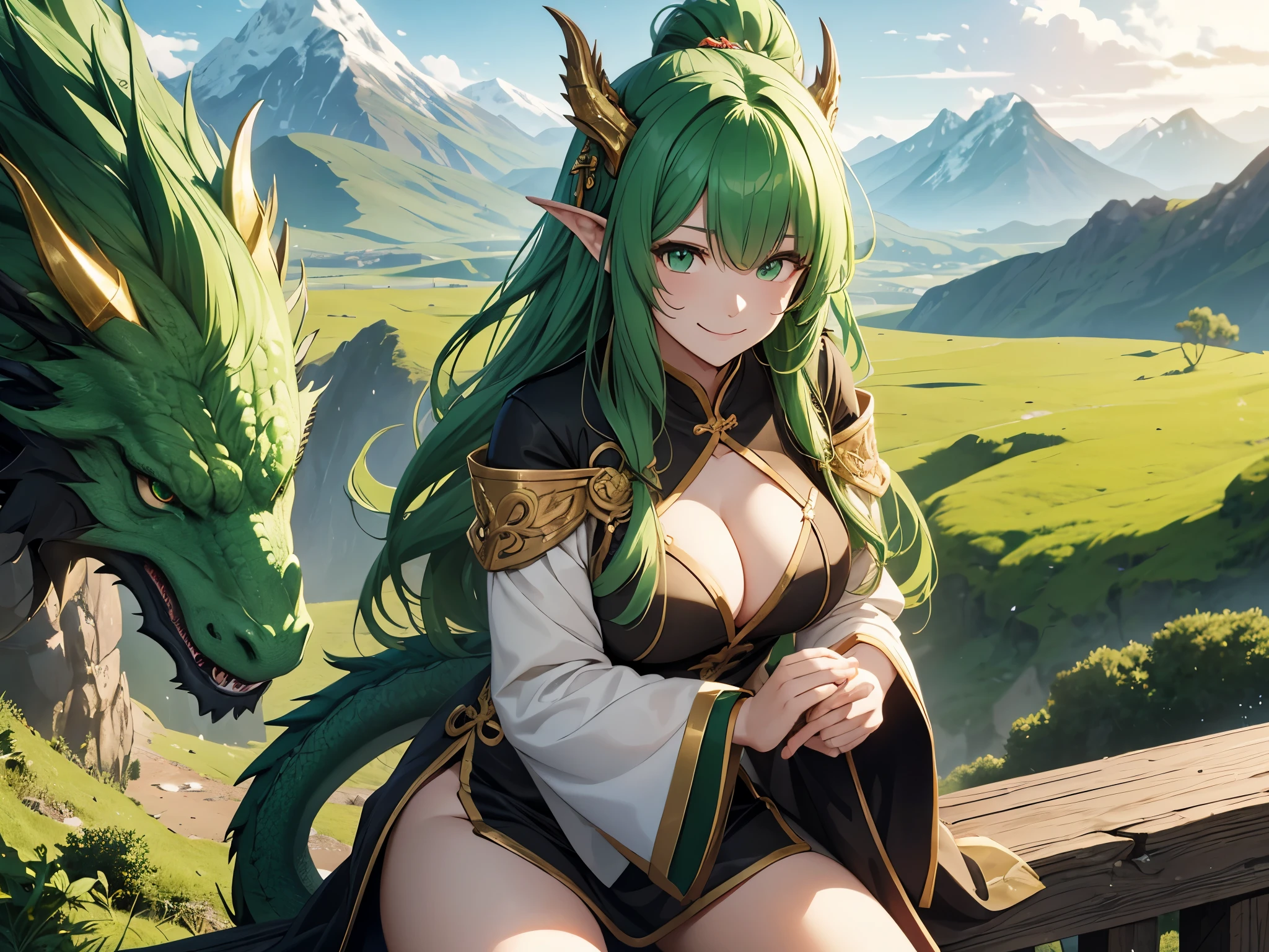 20th generation women、alone(green hair、long hair、green eyes、dragon horn、Dragon's Tail、golden hair ornament、Green china clothes、slightly larger udder、smile、squatting down)、riding a dragon、Mountainous area like Asia in the background