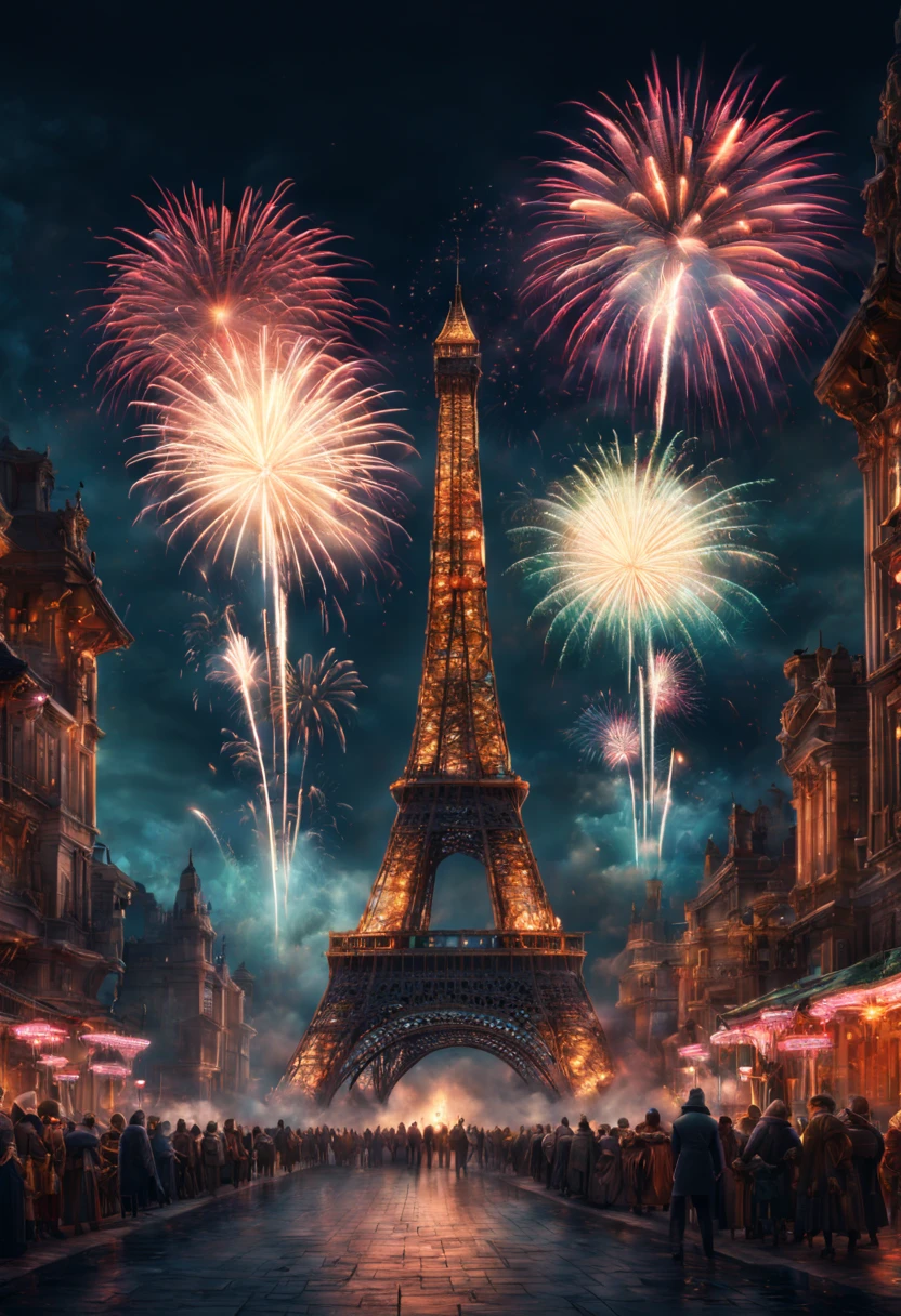 text:"2024" hyperdetailed shot of an imaginary fantasy shining text 2024 written in the clouds! new years eve party crowd! countdown! clock! Fireworks! luminescence, glowing particles, luminosity, 16k clean resolution, dramatic triadic lighting, Epic cinematic brilliant stunning intricate meticulously detailed dramatic_atmospheric_hypermaximalist by Ross_Tran, Loish, Hokusai, Andreas_Lie, Android_Jones