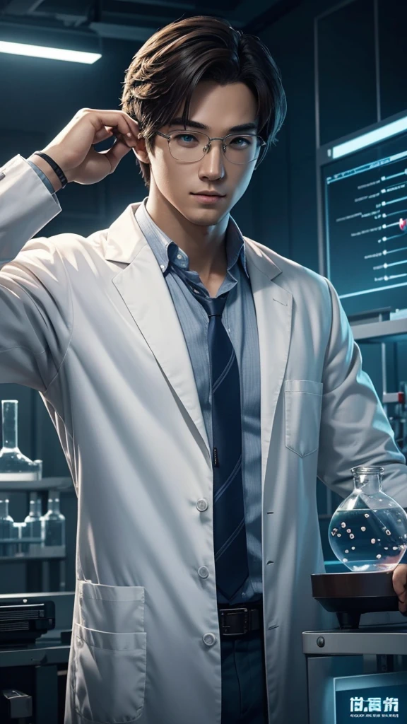 intelligent and handsome protagonist、person wearing a scientist&#39;s lab coat、solo、There are researchers、there are scientists、graduate School、upper body、highest quality、masterpiece、Super high resolution、(photoreal:1.4)、game poster
