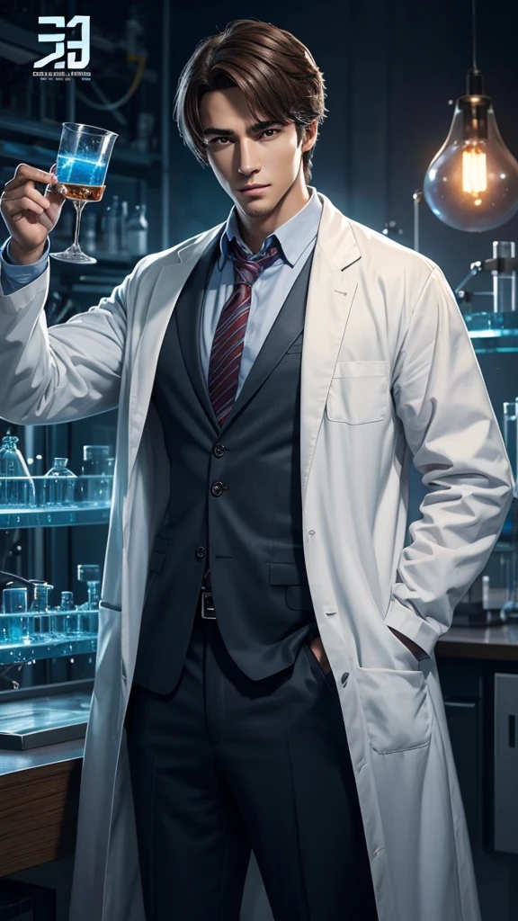 intelligent and handsome protagonist、person wearing a scientist's lab coat、solo、There are researchers、there are scientists、graduate School、upper body、highest quality、masterpiece、Super high resolution、(photoreal:1.4)、game poster