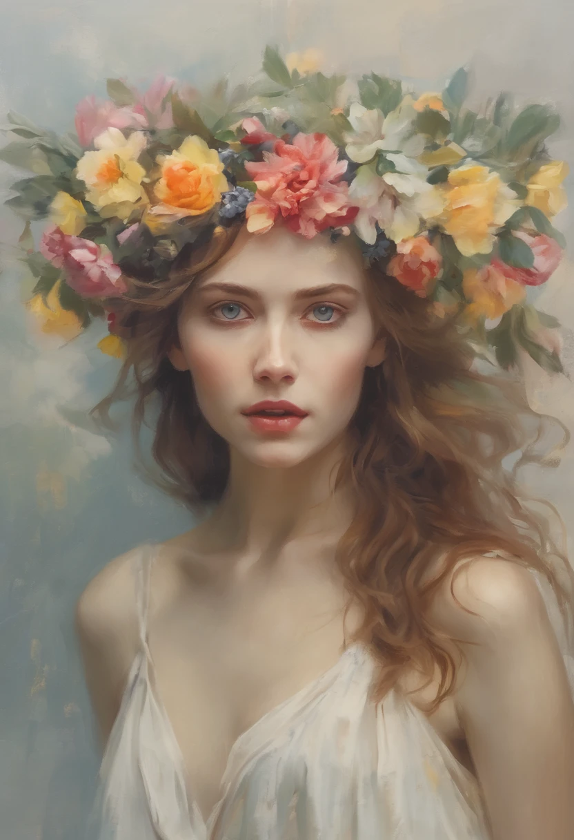 Floral crown,nackt,woman,Full-body ,beautiful image,dynamic pose,soft and beautiful girl, Midsommer,