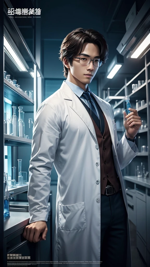 intelligent and handsome protagonist、person wearing a scientist&#39;s lab coat、solo、There are researchers、there are scientists、graduate School、upper body、highest quality、masterpiece、Super high resolution、(photoreal:1.4)、game poster
