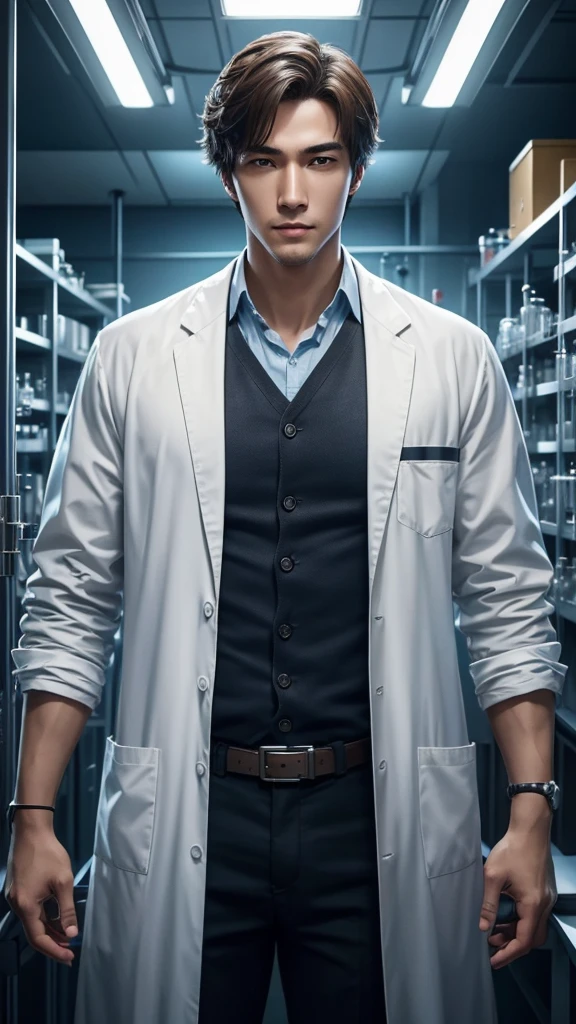 intelligent and handsome protagonist、person wearing a scientist's lab coat、solo、There are researchers、there are scientists、graduate School、upper body、highest quality、masterpiece、Super high resolution、(photoreal:1.4)、game poster